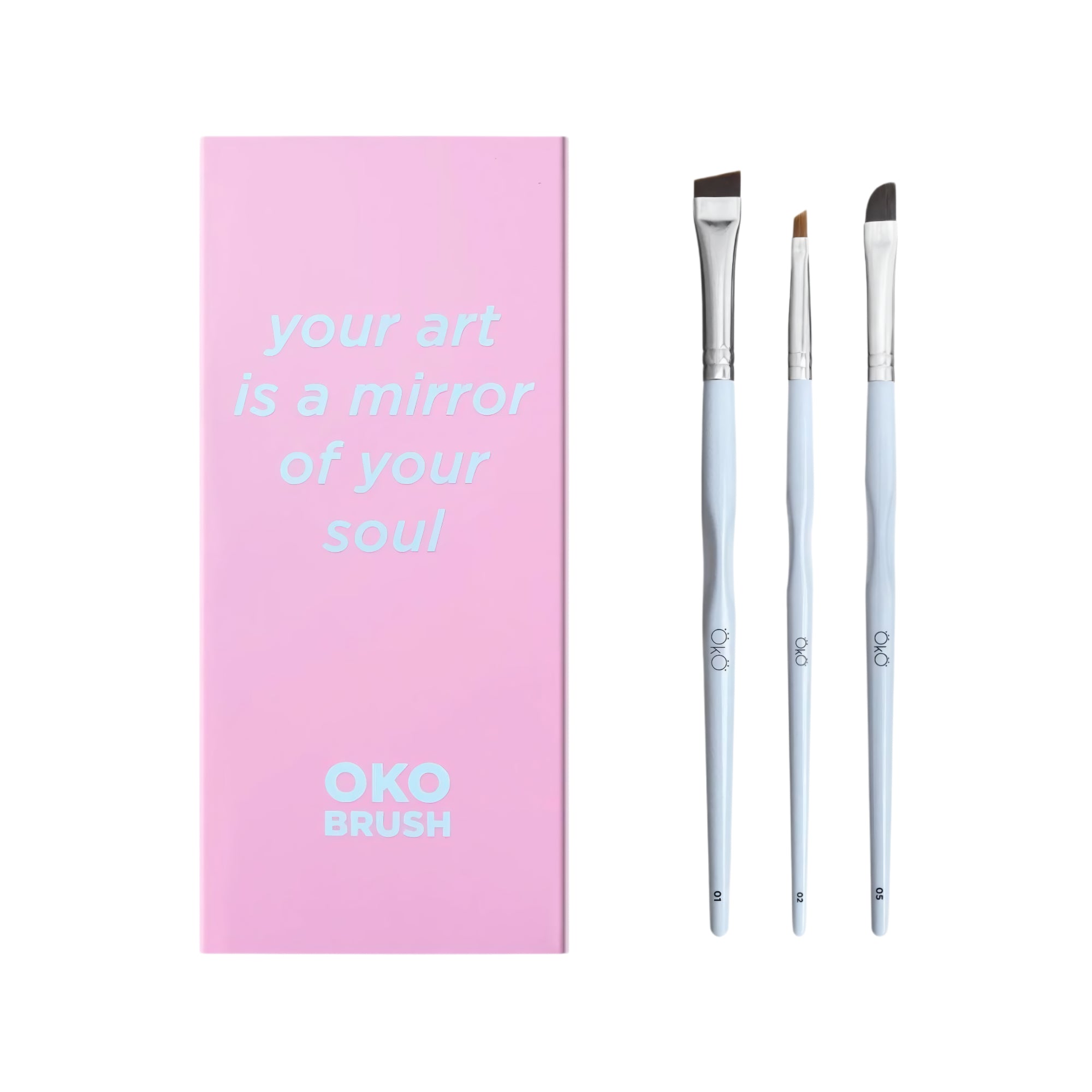 OKO Brush Set 3pcs – 'Your Art Is a Mirror of Your Soul' – professional tools for precise brow and lash work – buy in USA at FRAU Store