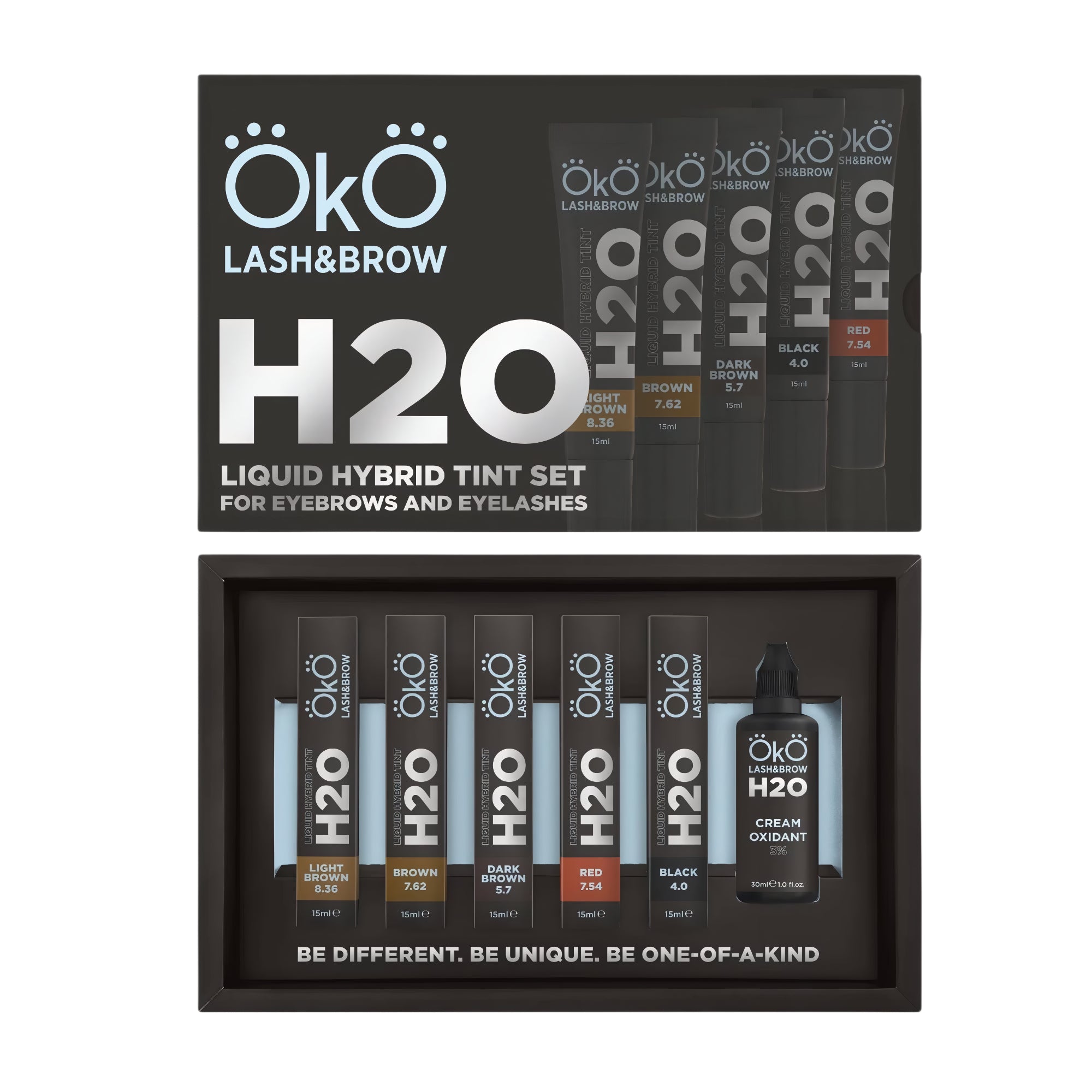 OKO Eyebrow Tint Kit H2O Hybrid with 3% Oxidant – water-activated tint and developer set for long-lasting brow color – buy in USA at FRAU Store