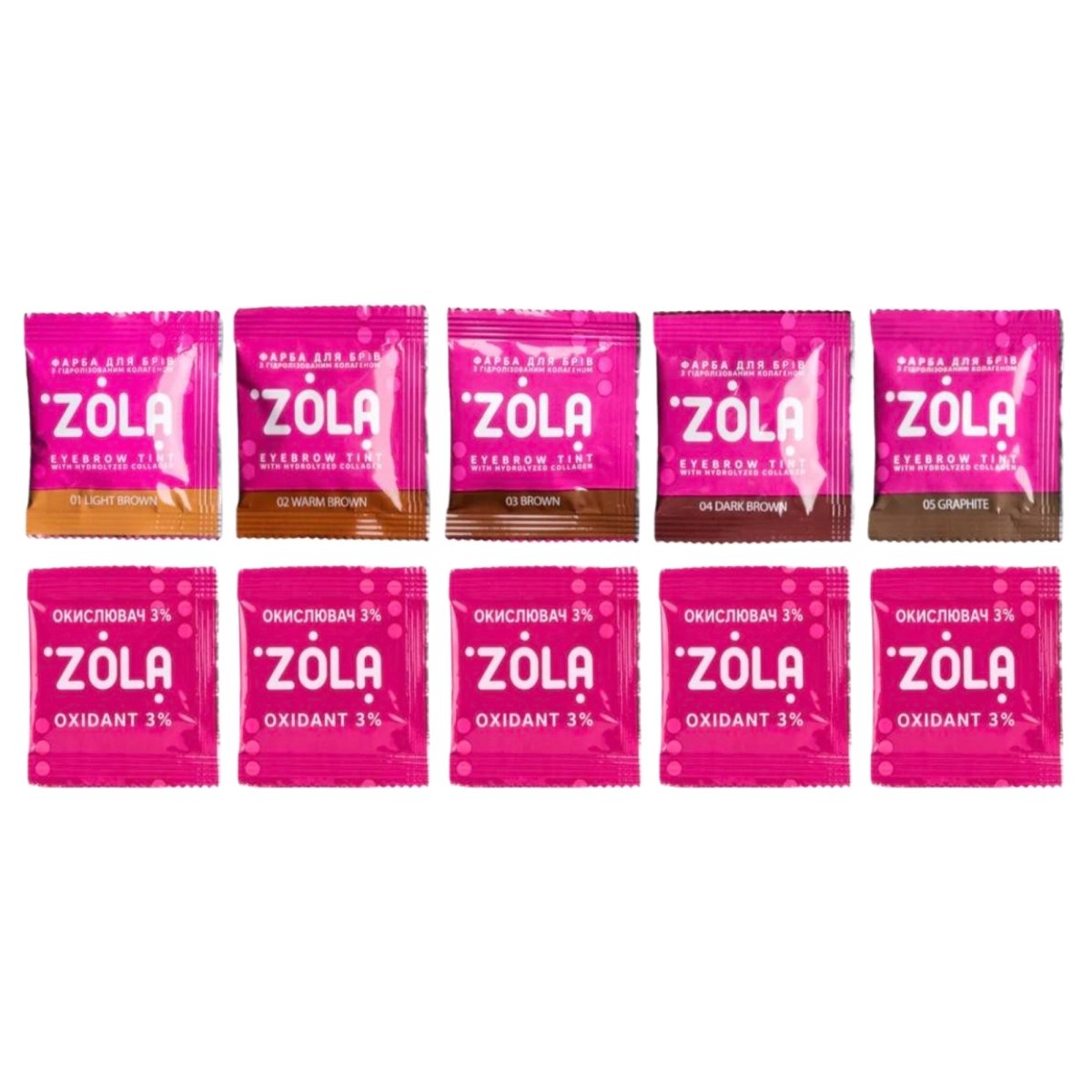 ZOLA Set of Eyebrow Tint With Collagen Sachet 5x5ml (5 colors) + 3% oxidizer 5x5ml - FRAU STORE USA